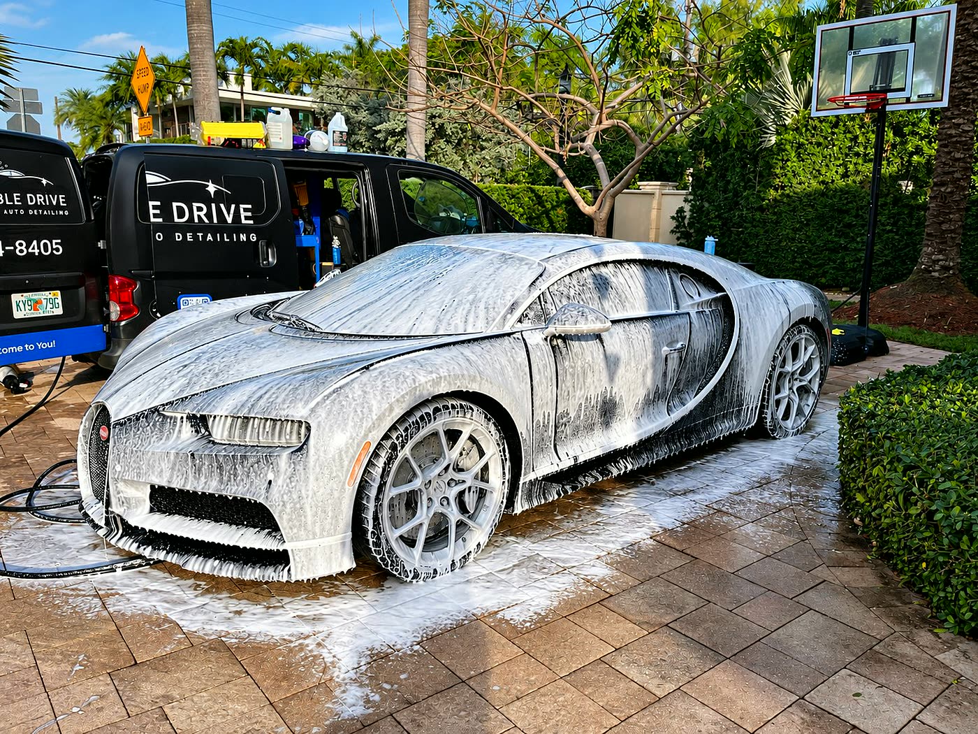 Bugatti Chiron covered in foam wash with Bubble Drive van in Miami