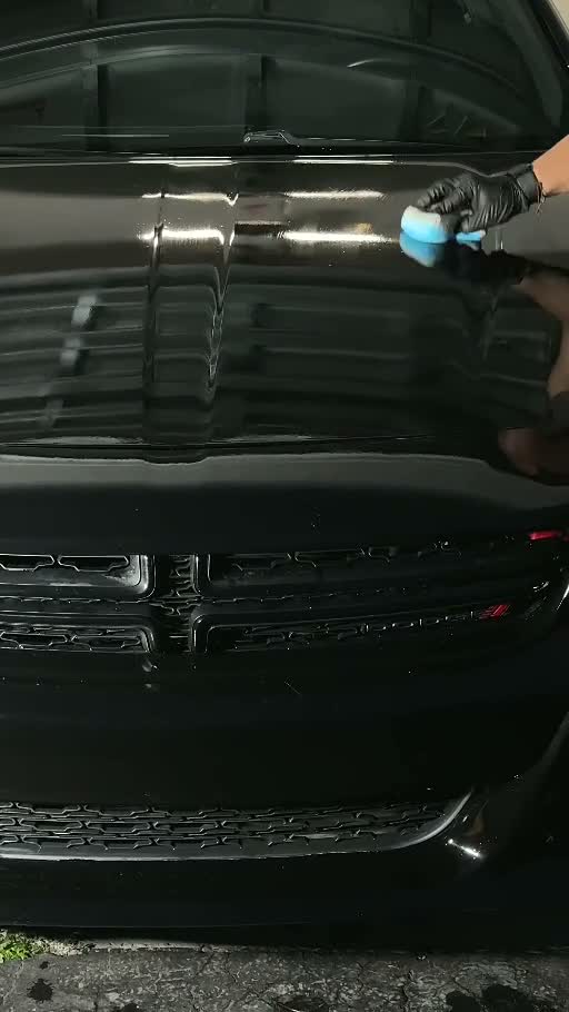 Technician hand-applying ceramic coating on a black car hood