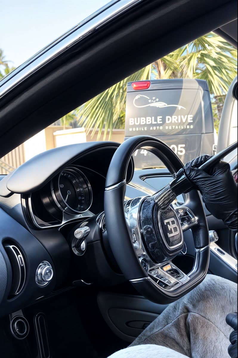 Gloved hand detailing a Bugatti steering wheel during interior car detailing